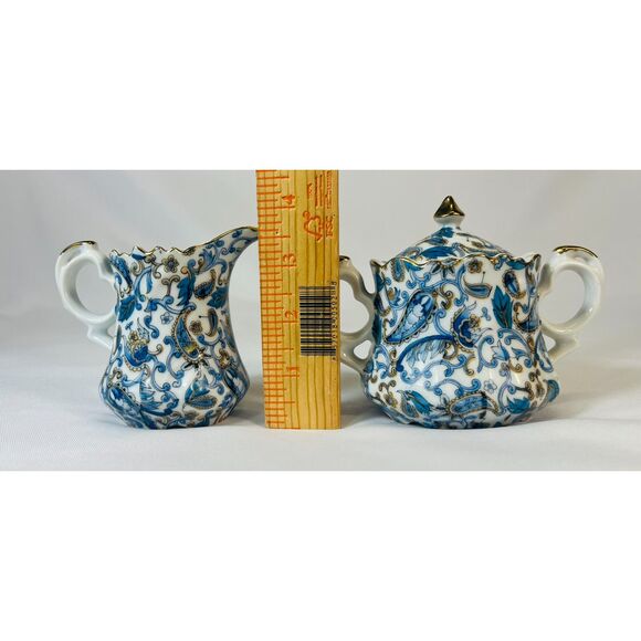 Vintage Lefton Blue Paisley Sugar Bowl Lid Creamer Pitcher Japan - Picture 6 of 12